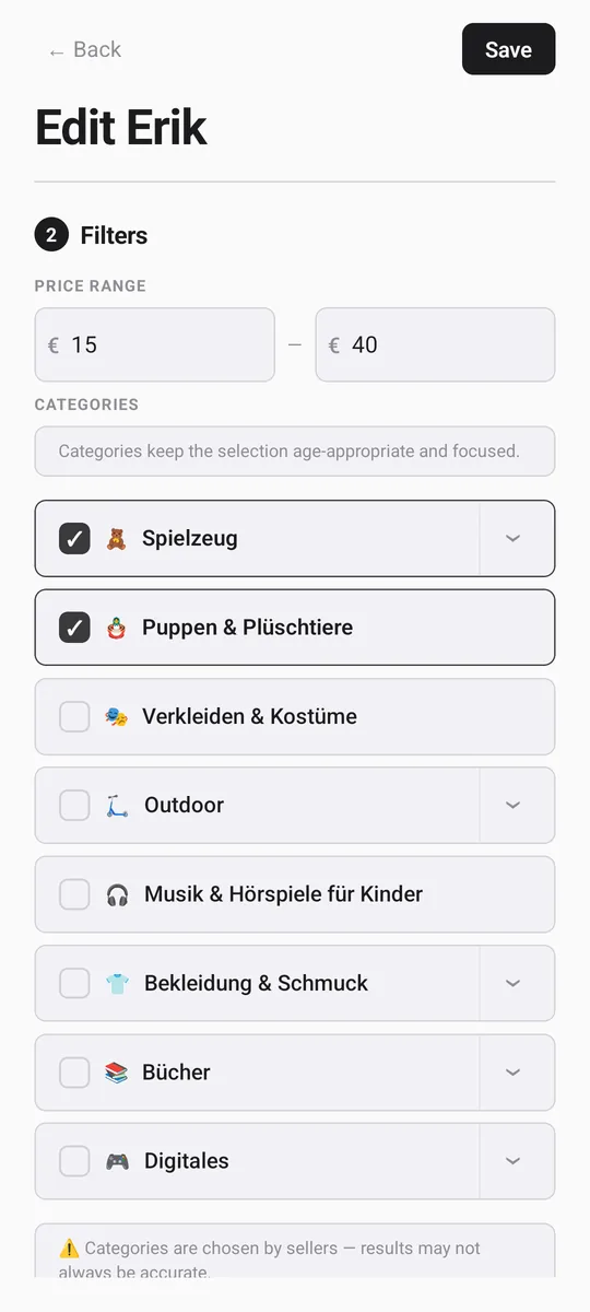 The parent's filter settings: a price range from €15 to €40, then the gift categories with two of them ticked.