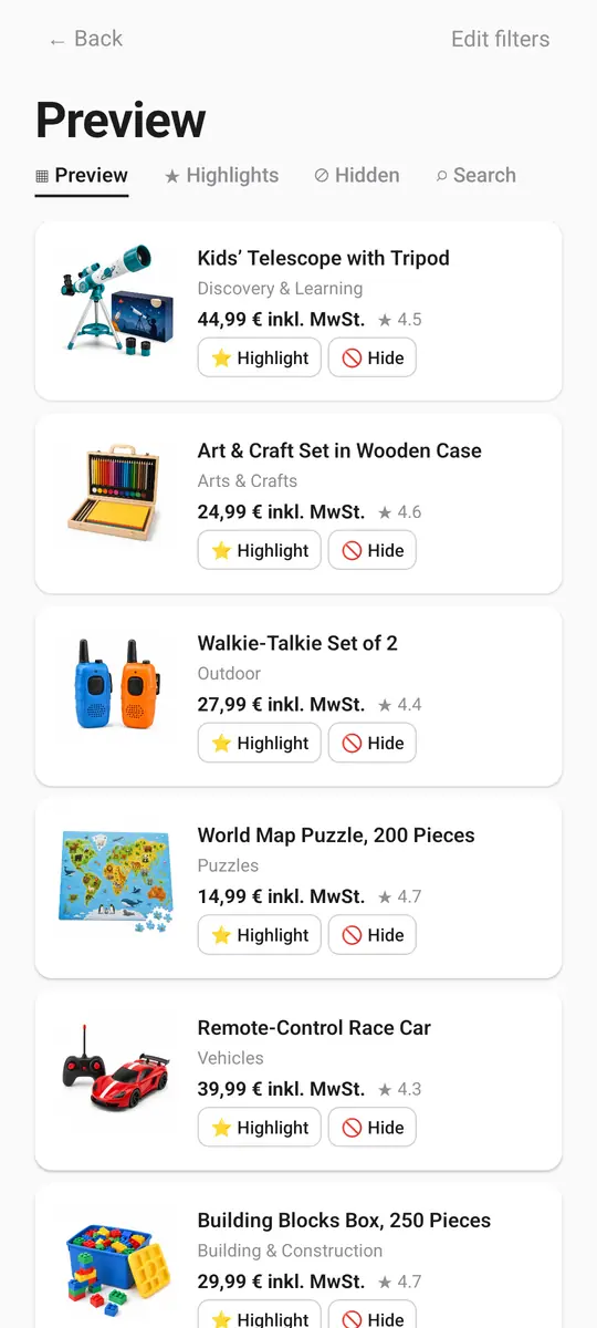 The parent preview: each toy with its price, category and rating, above buttons to highlight or hide it.